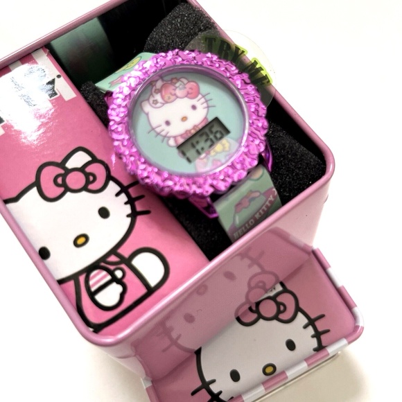 HELLO KITTY Sanrio Digital LCD Watch Fuchsia Pink Mint Bows Stars Gift Boxed NWT - Picture 3 of 6